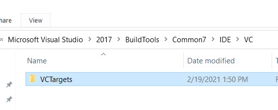 Finding VC 2017 Targets folder.