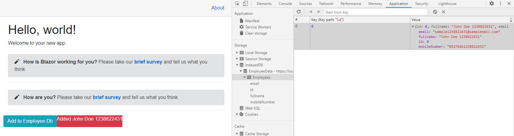 Blazor IndexedDb - checking the offline data thru developer tools