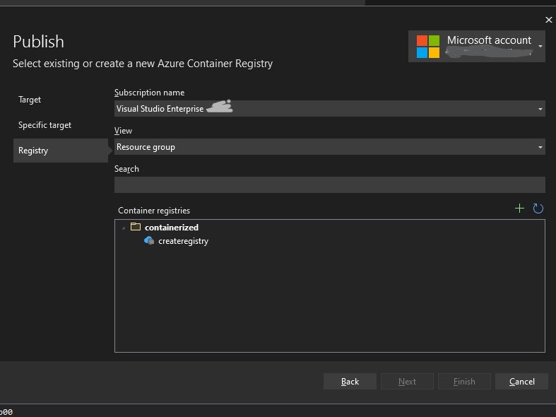 Going back and refreshing the publish window, I can now see created Azure Container Registry and from here you can now deploy your container image.