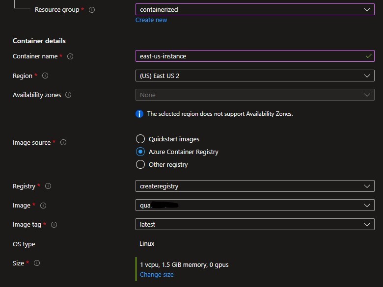 After deployment, in creating a new instance of Azure container instance, the Azure Container Registry dropdown has the container registry created early. 