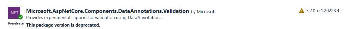 First, we’re going to add DataAnnotation.Validation nuget package in both your UI and Model projects. As you can see, this package is currently experimental and its currently on release candidate.