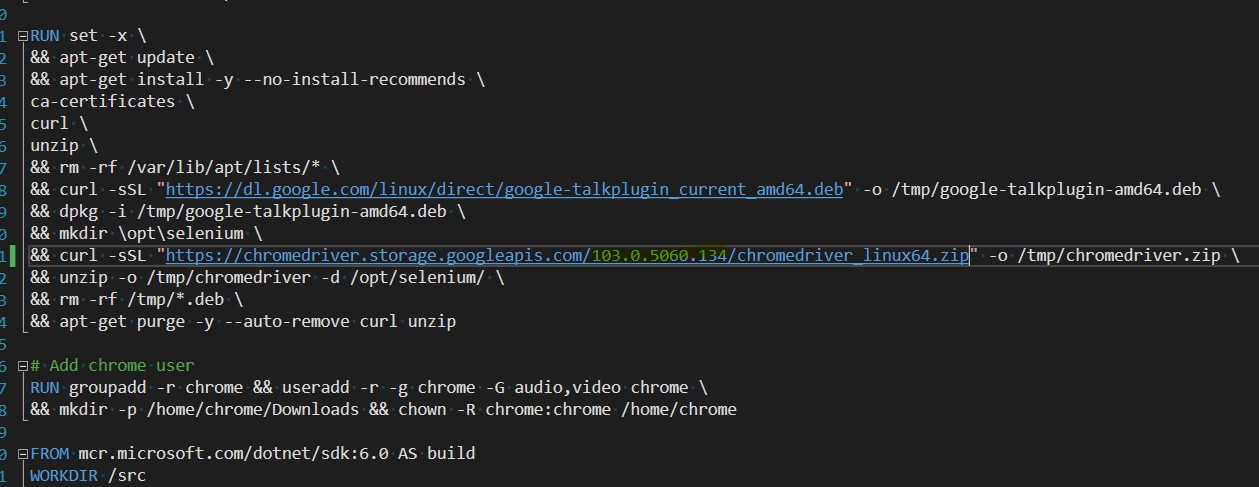 Dockerfile chromedriver installation update - So, I’ve reviewed my dockerfile file and locate the chromedriver installation script and update accordingly like the highlighted one in the image.